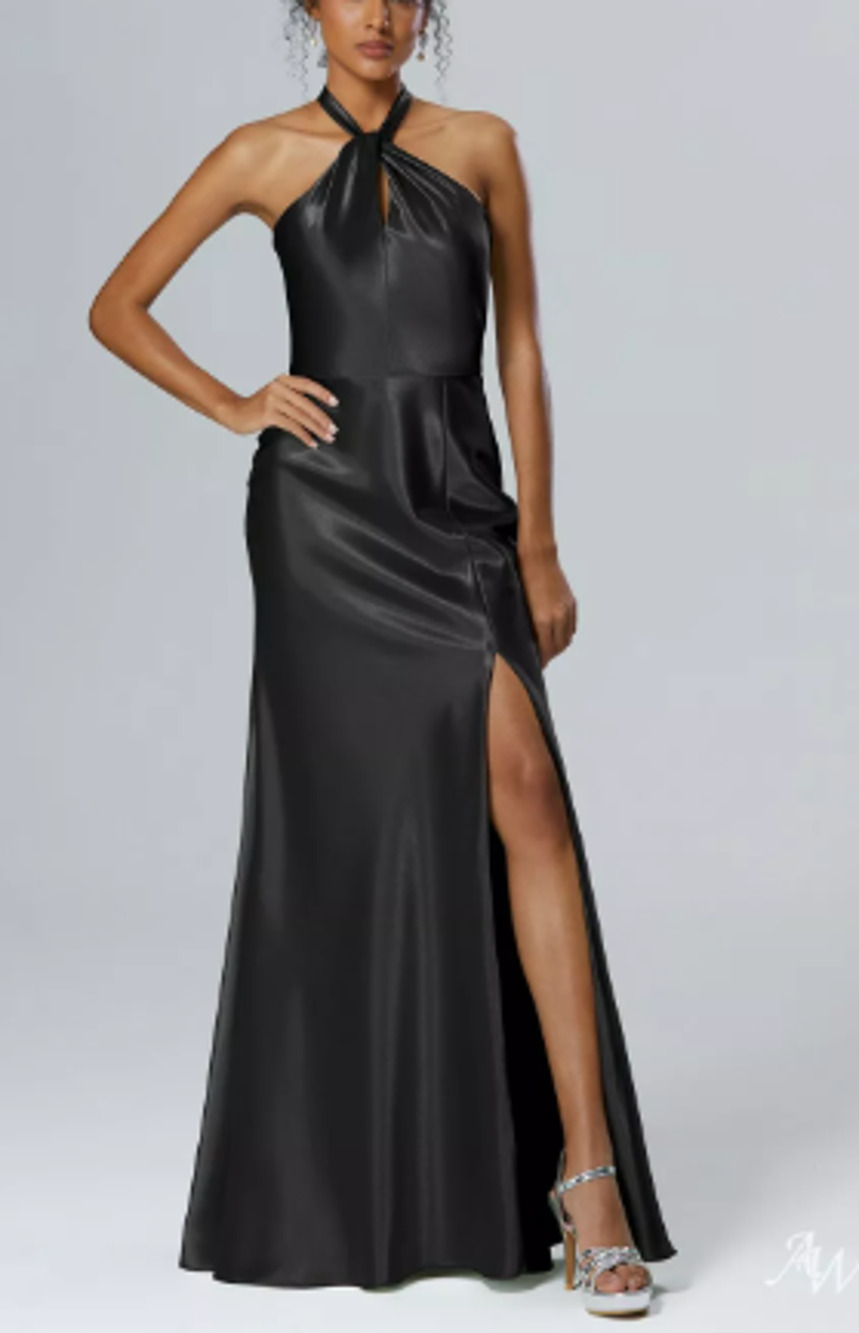 AW BRIDAL 2 XS black Lawrence Satin crystal Bridesmaid formal Maxi Dress B26